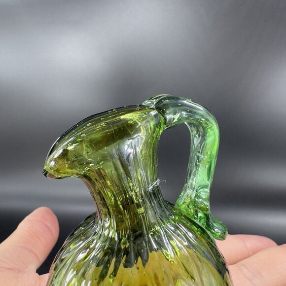 Hand Made Art Glass Green Optic Jug Miniature Pitcher Hand Blown Glass Decor VTG - Picture 5 of 14